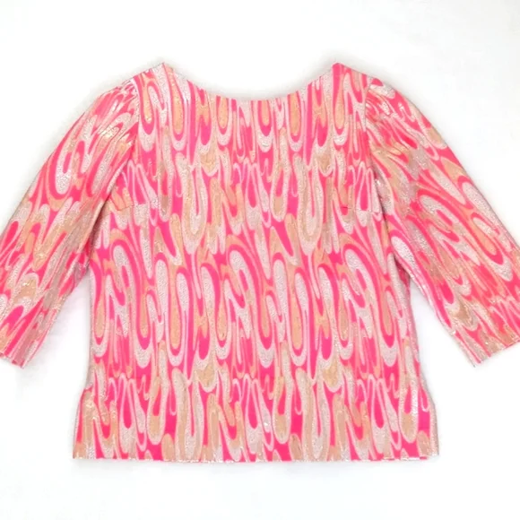 Stunning 1960's Mod Pink Gold Silver Metallic 3/4 Sleeve Blouse S/M - Picture 9 of 17
